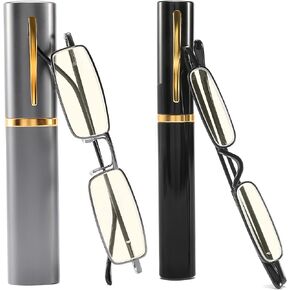 touk Small Portable Reading Glasses Anti Blue Light UV, Compact Slim Pocket Readers with Mini Pen Clip Tube Case 2 Pairs