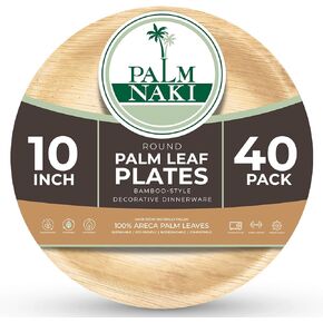 PALM NAKI Eco-Friendly Palm Leaf Plates - 10-Inch Round - Bamboo Style (40 Pack), Sustainable, Decorative & Compostable Tableware (10")
