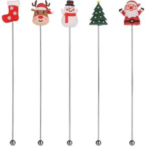 5pcs Christmas Cocktail Stirrers, Stainless Steel Christmas Swizzle Stir Sticks for Cocktails Whisky Coffee Drink Stirring Rod Stirrers for Christmas Party Home Office Bar Restaurants