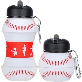 Kids Sports WaterBottle Collapsible Ball Shaped Drinking Cup Leak Proof School Lunch MugShockproof Squeezable Basketball Soccer Baseball Football Champion Team (Black, White, Green)