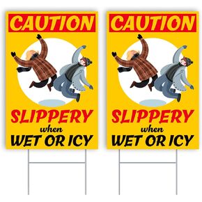 3 PC Caution Slippery When Wet or Icy Sign - 8 x 12 DOUBLE SIDED Coroplast Caution Ice Sign with Stakes - Warning Signs - Yellow Wet Floor Sign