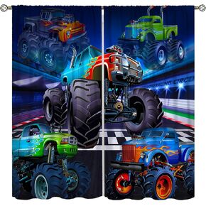 Monster Truck Curtains, Modern Cartoon Track Flame Big Tire Monster Sasquatch Car Decor Windows Treatments, Thermal Insulated Drapes for Kids Boys Teenager's Bedroom Living Room 42x45in
