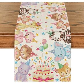 Artoid Mode Animals Elephant Lion Cake Happy Birthday Table Runner, Seasonal Children Baby Shower Kitchen Dining Table for Home Party Decor 13x72 Inch