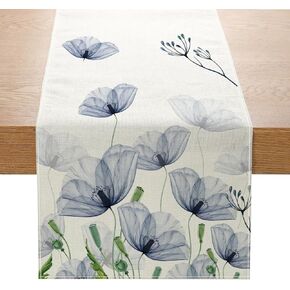 Poppy Floral Leaves Table Runner 13x72 Inch Seasonal Spring Summer Blue Flower Kitchen Dinning Table Decoration for Home Party Decor
