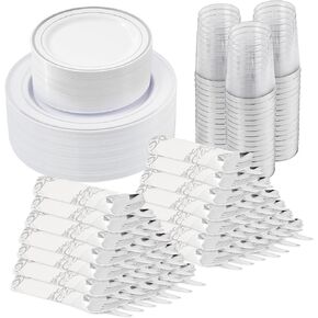 350 Pieces Gold Disposable Plates for 50 Guests, Disposable Plastic Plates for Party, Wedding, Dinnerware Set of 50 Dinner Plates, 50 Salad Plates,50 Cups and 50 Pre Rolled Napkin, Gold