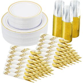 350 Pieces Gold Disposable Plates for 50 Guests, Disposable Plastic Plates for Party, Wedding, Dinnerware Set of 50 Dinner Plates, 50 Salad Plates,50 Cups and 50 Pre Rolled Napkin, Gold