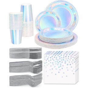 210 Pieces Laser Party Supplies, Holographic Iridescent Party Paper Plates Cups and Napkins Sets with Plastic Knives forks spoons, Disposable Dinnerware Serves 30 Sets for Mermaid Party, Wedding