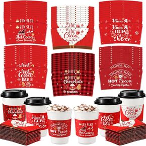 Remerry Christmas Hot Cup Holiday Coffee Sleeves for 12 and 16 oz Disposable, Party Supplies Red Hot Cocoa Santa Elk, 6 Design (60 Pack)