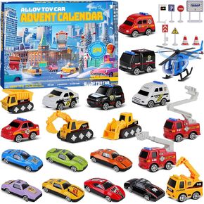 Advent Calendar 2024 Kids: 24 Days Christmas Countdown Alloy Car Toys - City Construction Vehicle Traffic Sign Set with Playmat - Ideal Xmas Holiday Party Favor Gift for Boys Girls Children