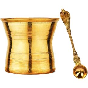 Brass Handmade Anchmani Panchapatra Puja/Pooja Lota and Hawan Spoon Charnamrit Set (Golden) Worship Prayers Spiritual Religious Festivities Home Temple Use Gift