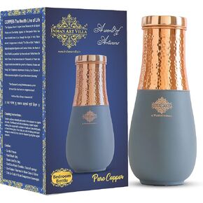 Indian Art Villa Pure Copper Half Hammered and Green Silk Finish Vase Shape Bedroom Bottle, Volume- 48 Oz