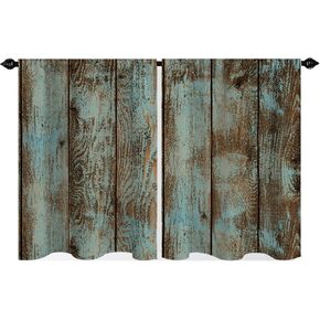 Wooden Board Kitchen Curtains Rustic Retro Chic Farmhouse Hut Theme Rod Pocket Small Cafe Curtain Bathroom Short Window Drapes Set of 2 Panels 27.5 W × 39 L Inches Brown Blue