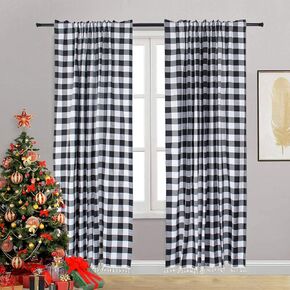 ShinyBeauty Red White Buffalo Plaid Curtains 2 Panels 84 Inch Length Checkered Linen Fabric Curtains 56"x84" Farmhouse Plaid Curtain with Tassels Blackout Window Curtains for Bedroom