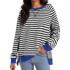Womens Split Hem Striped Oversized Sweatshirt Color Block Crewneck Casual Loose Shirt Pullover Tops Fall Fashion 2024