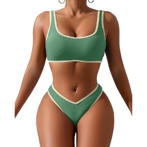 Thong Bikini Set for Women High Cut Swimsuit Bottom Sporty 2 Piece Bathing Suit Top Color Block Teen Girls