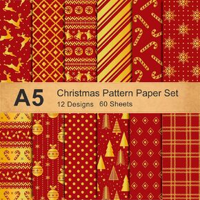 Whaline 12 Designs Christmas Pattern Paper A5 Size 60 Sheet Snowflake Reindeer Christmas Tree Glossy Pattern Paper White Red Decorative Craft Paper Double-Sided Folded Flat for Card Making Scrapbook