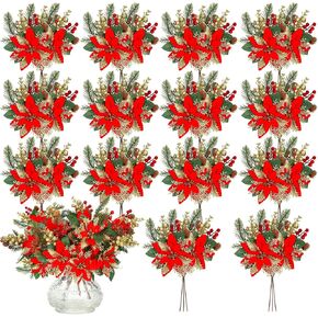 36 Pcs 11.8'' Poinsettias Artificial Christmas Flowers Red Poinsettia Christmas Pick with Pine Cone Berries Twigs Christmas Floral Pick Fake Tree Flower Ornaments Decor for DIY Garland Wreath