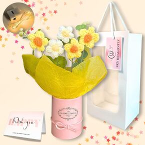 Pink Crochet Flowers Bouquet Small: Knitted Flowers Gifts for Mom, Daughter, Teacher, Grandma, Handmade Crochet Flowers with Card in Packaging, Artificial Flowers for Decoration, Fake Flowers Daisy