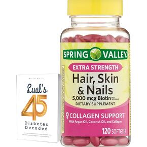 Spring Valley Hair, Skin & Nails Extra Strength 5000 mcg 120 SoftGels | with Hair, Nail & Skin | Biotin | Collagen Support | Vitamins for Women Bundle with Lual's 45 Diabetes Decoded