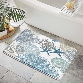 Nautical Coastal Bath Rug Starfish Seashell Coral Beach Ocean Themed Underwater Marine Pattern Bathroom Kitchen Flannel Non-Slip Mat Indoor Decor Carpet 24x16 Inch