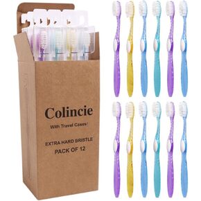 Firm Toothbrush, Extra Hard Bristle for Adult Smokers,Multicolor Transparent Travel Toothbrush Kit,Denture Toothbrush with Case Pack of 12 (12)