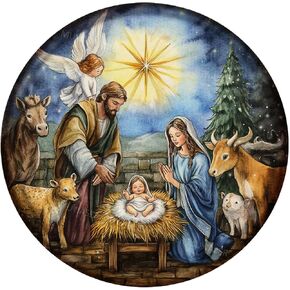 MUYIASER Round Tin Sign Nativity Christmas Wreath Metal Sign Vintage Sign Aluminum Retro Sign for Kitchen Garden Yard Wall Bedroom Club Home Decor 12x12 Inch
