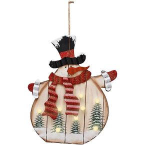 Wooden Snowman Sign Hanging Christmas Wall Decoration, LED Battery Operated Snowman Figurine Decor Rustic Christmas Sign Plaque Snowman Christmas Tree Decoration (Batteries Not Included)