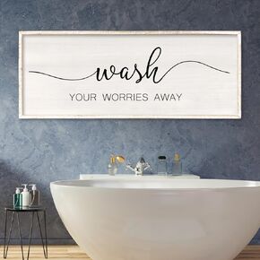 Wash Your Worries Away Funny Bashroom Wall Decor 40x15 Inch Rustic Farmhouse Wood Framed Inspirational Sign Toilet Restroom Tabletop Desk Modren Laundry Room Wall Art Hanging (Black)