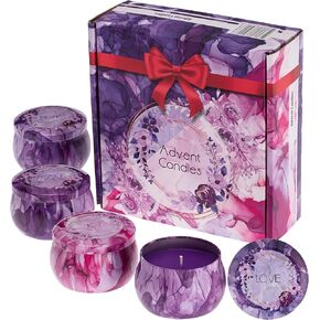 مجموعة شموع Advent مكونة من 4 قطع - هدايا Advent - صندوق شموع هدية Advent - الحب والسلام والأمل والفرح مطبوعة على علب شموع من الصفيح بألوان Advent وردي أرجواني - حلقة إكليل حامل الشموع للشموع الدعامة
