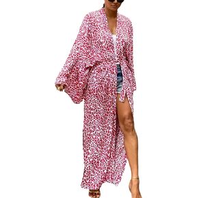 MEILING Women's Tie-front Kimono Cardigan Belted Bikini Bathing Suit Cover Up Printed Beach Long Robe Dress (Print 22)