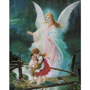 Guardian Angel Watching Over Children Bright Blue 12 x 16 Wood Wall Sign Plaque