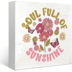 Mtrgdn Groovy Soul Full of Sunshine Retro Daisy Flower Butterfly Wood Box Sign Desk Decor Groovy Wooden Box Block Sign Decorations for Home Bedroom Living Room Dorm Wall Tabletop Desk Decor