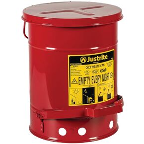 Justrite 21 Gallon Galvanized Steel Oily Waste Can, 23.5" x 18" Metal Oil Rag Safety Can with Quiet Foot Operated Self-Closing Lid for Oil Rag Disposal, Made in The USA, Red, 09708