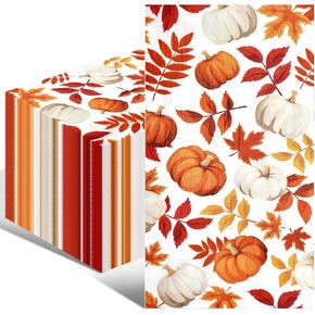 100 Pack Fall Thanksgiving Paper Napkins - Disposable Pumpkin and Autumn Maple Leaves Pattern Serviettes Tableware Luncheon Cocktail Napkin Party Supplies for Holiday Dinner Decorations