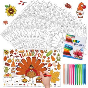 Tenceur 48 Pcs Thanksgiving Coloring Placemats Set Turkey Paper Placemats with Crayon Fall Disposable Table Mat thankful Autumn Coloring Activity for Kid Fall Thanksgiving classroom DIY Craft supplies