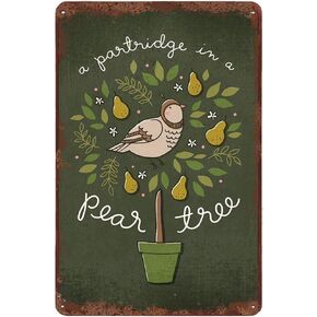 Creative Tin Sign Partridge in A Pear Tree Happy Holiday Vintage Tin Sign Animal Metal Sign Home Decoration for Bedroom Living Room Coffee Bar Club Pub Housearming Gift 8X12 inch