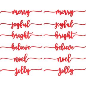 Amyhill 12 Pcs Christmas Word Cutout Believe Joyful Merry Plate Letter Sign Decor Christmas wooden Table Settings for Family Xmas Place Cards Noel Jolly Rustic Farmhouse Table Decorations for Home