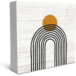 SRADMO Boho Sun Rainbow Abstract Geometric Balance Arch Shapes Wood Box Sign Desk Decor，Boho Mid Century Modern Art Wooden Block Box Sign Decoration For Home Office Shelf Table Decor
