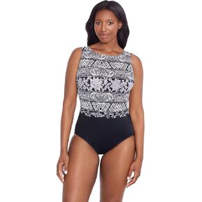 ملابس سباحة نسائية طويلة من Longitude Night Seas Panel Scoopback High Neck قطعة واحدة، أسود/أبيض، 16