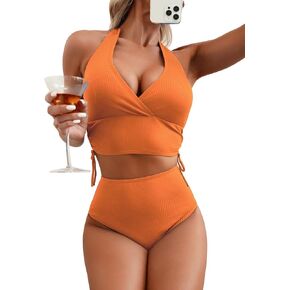 Herseas Women 2 Piece High Waisted Bikini Set V Neck Halter Drawstring Sides Ruched Swim 2025 Summer Bathing Suit