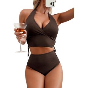 Herseas Women 2 Piece High Waisted Bikini Set V Neck Halter Drawstring Sides Ruched Swim 2025 Summer Bathing Suit
