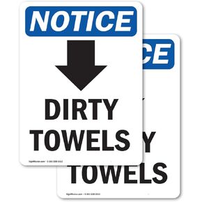 (2 Pack) Dirty Towels [Down Arrow] Sign With Symbol OSHA Notice Sign 5 Inch X 3.5 Inch Vinyl Label Decal Sticker Weather Resistant, UV Protected for Workplace, Construction Site, Made in the USA