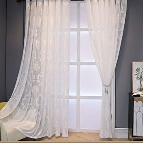 Amidoudou 1 Pair European Jacquard Hollowed-Out Gauze Tulle Curtains Living Room Bedroom Sheer Curtains (White,52x84 Inch)