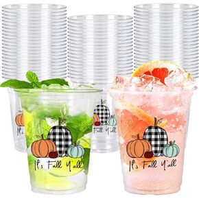 Whaline 50Pcs 16 oz Fall Disposable Cups Black White Plaid Pumpkin Plastic Party Cups Happy Fall Clear Plastic Glasses for Autumn Holiday Thanksgiving Coffee Juice Hot Cold Drinks Party Supplies