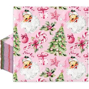 100Pcs Pink Christmas Paper Napkins Santa Xmas Tree Candy Cane Disposable Napkins Luncheon Dinner Hand Napkins for Party Supplies Table Decor