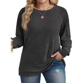 DOLNINE Plus-Size-Sweatshirts for Women Crewneck Pleated Long Sleeve Shirts Fashion Loose Fit Tunic Tops
