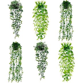 6pcs Fake Hanging Plants, Artificial Hanging Plant for Room Decor, Faux Plants Indoor for Home Decor, Eucalyptus Vine, Mandala Vine, Pea Pod Leaves for Bathroom Wall Kitchen Office Patio