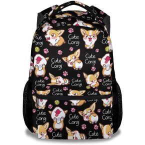 Corgi School Backpack for Girls - 16 Inches Black Backpacks for Teens - Carry Cartoon Bookbag for Elementary