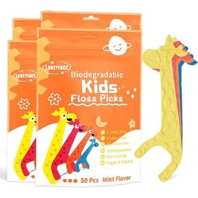 200 Count Biodegradable Kids Flossers, Cute Giraffe Kids Floss Picks, No Fluoride BPA Free Eco Friendly Dental Floss Picks, Mint Flavored Flossers for Kids, 4 Colors, 50 Count (Pack of 4)