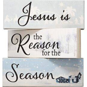 Jesus is the Reason for the Season Mini Wood Block Set - 3pc Christmas Decor, Religious Holiday Decorations, Tiered Tray & Shelf Display, Made in USA